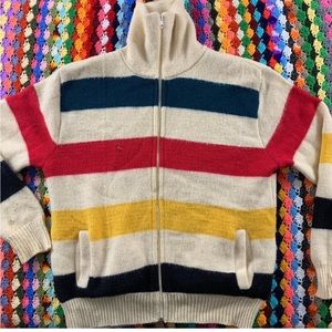 Vintage 70s/80s L.L. Bean Distressed Oversized Knit Wool Zip Up Sweater Rainbow